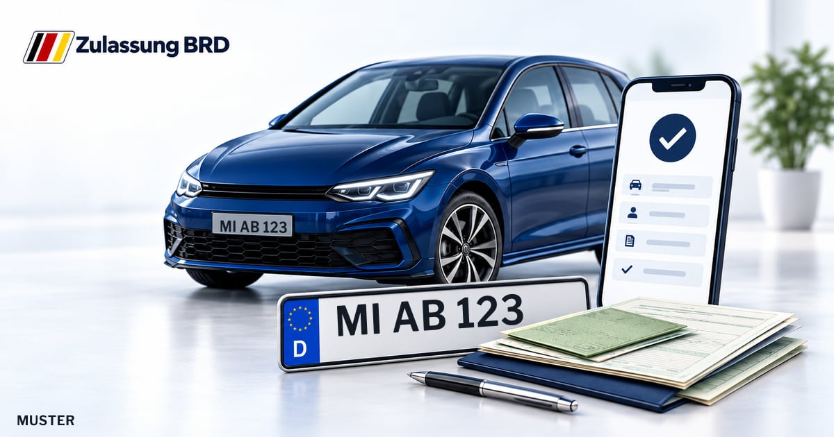 Online Fahrzeugzulassung in Preußisch Oldendorf: Musterkennzeichen MI AB 123, Auto und Fahrzeugpapiere und Smartphone. Illustration mit Logo von Zulassung BRD.